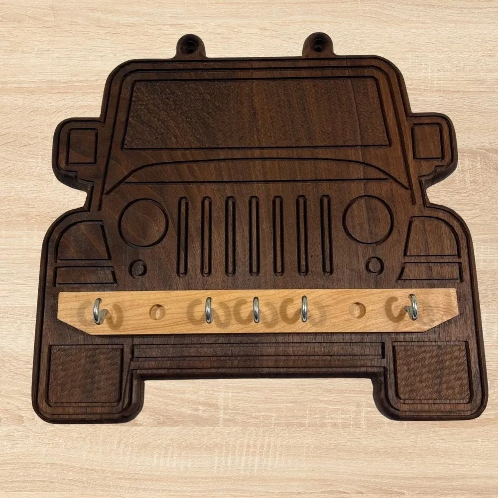 Jeep Grill Key Holder, Walnut Wood Off Road Wall Decor, Entryway Hanging Hooks